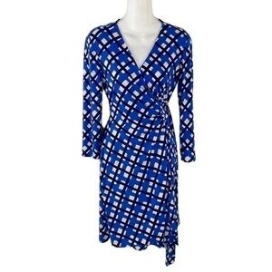 Donna Morgan Blue Black Off White Plaid Print Jersey Faux Wrap Dress 2 AF18